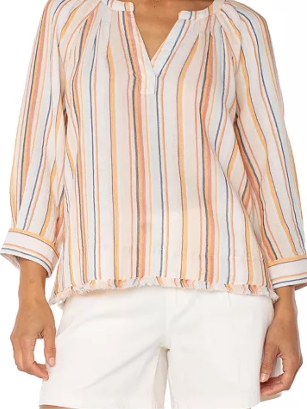 Liverpool Striped V-Neck Frayed-Hem Tunic in Peach, Blue & Cream - Picture 10 of 11